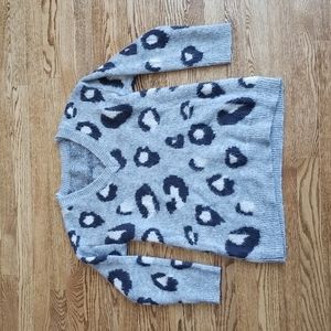 (S) Animal Print Fuzzy Thick Knit Cozy Pull On V Neck Sweater Oversized Winter